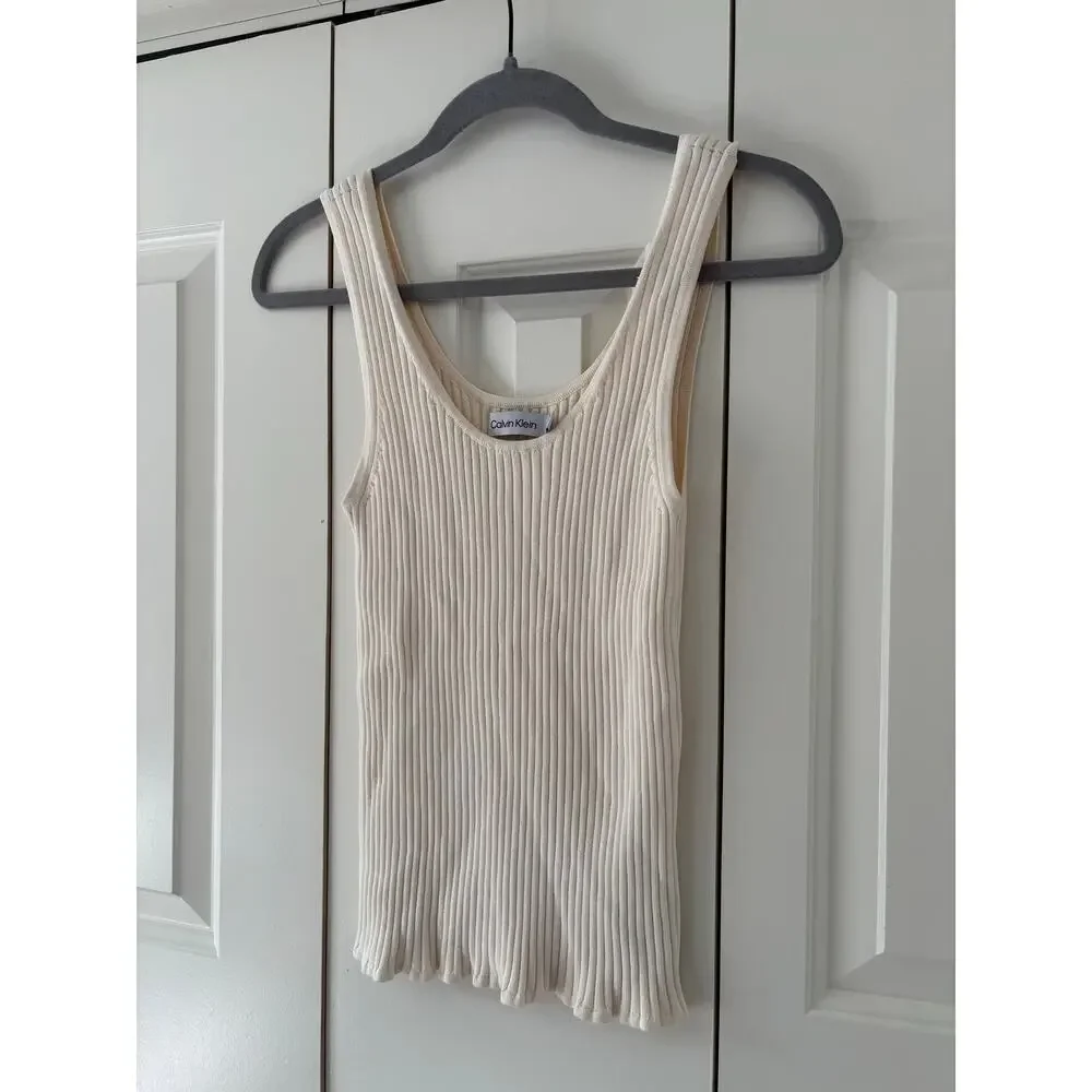 Calvin Klein Ribbed Knit Tank Top Ivory Sleeveless Stretch Women’s Medium M - Picture 4 of 6